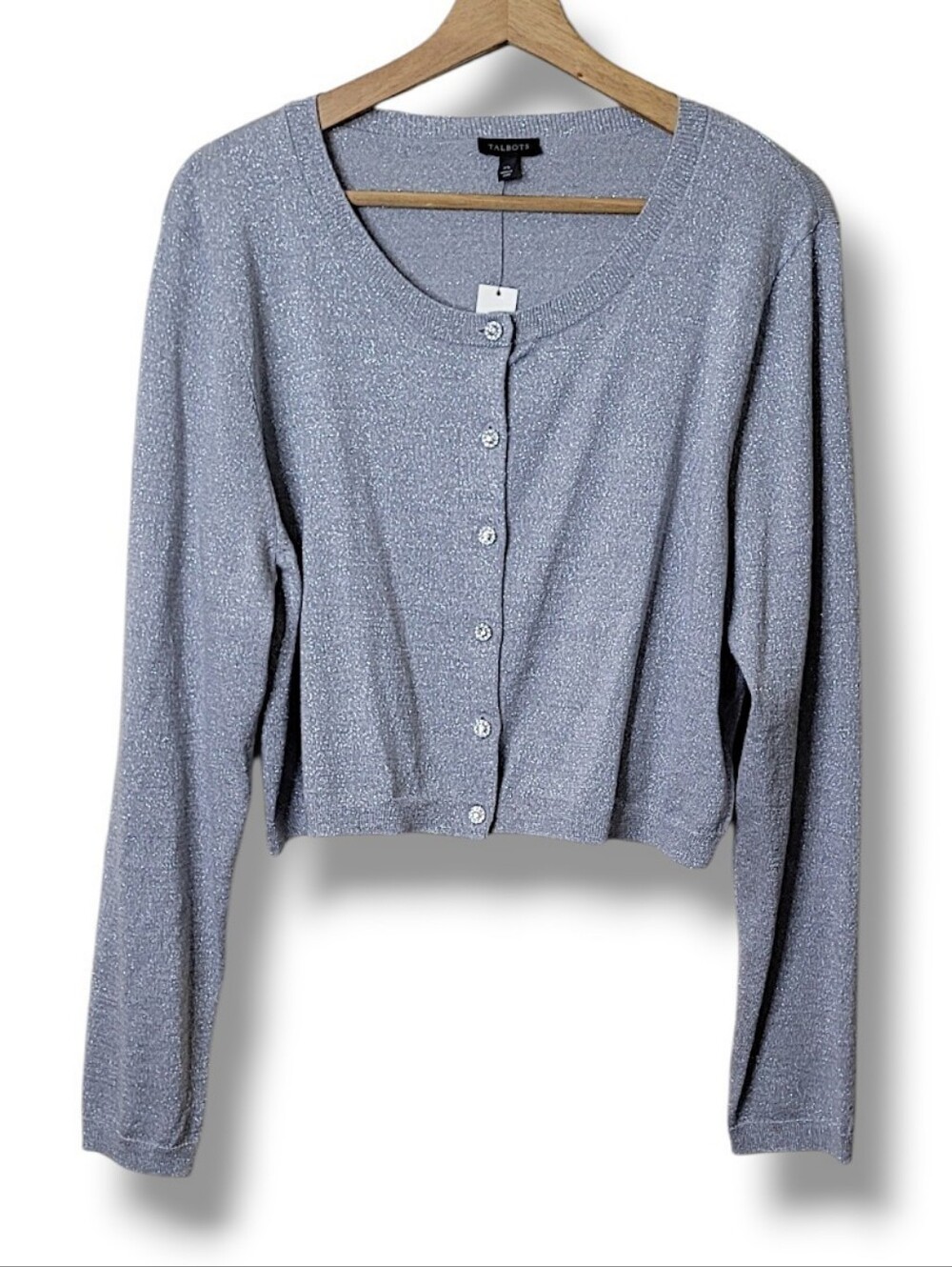 Talbots Silver Metallic Wool Cardigan Crystal Buttons NWT